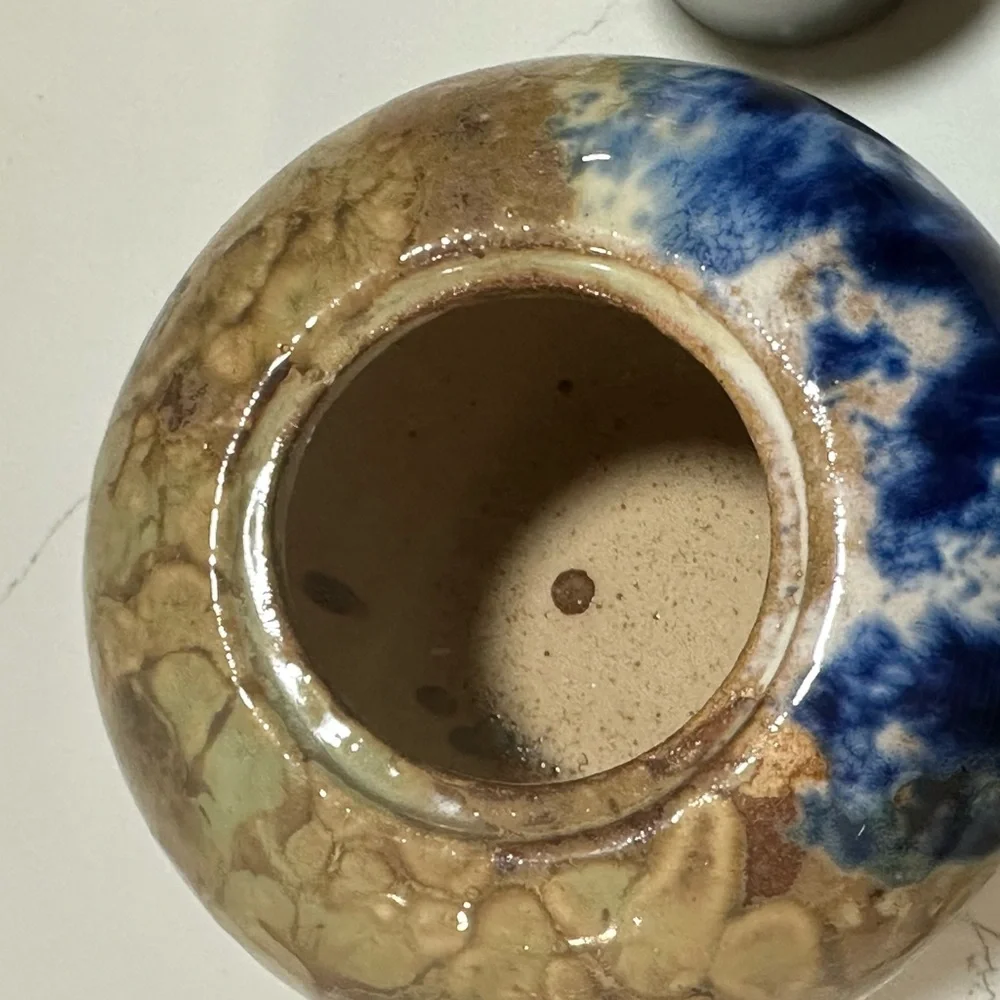 Drip glazed candle holder with metal insert Blue and brown modern candle holder
